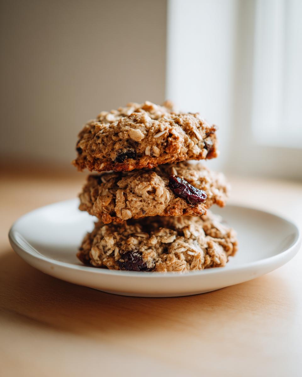 A stack of three hearty, oatmeal breakfast cookies featuring visible dried fruit pieces, resting on a small white plate.