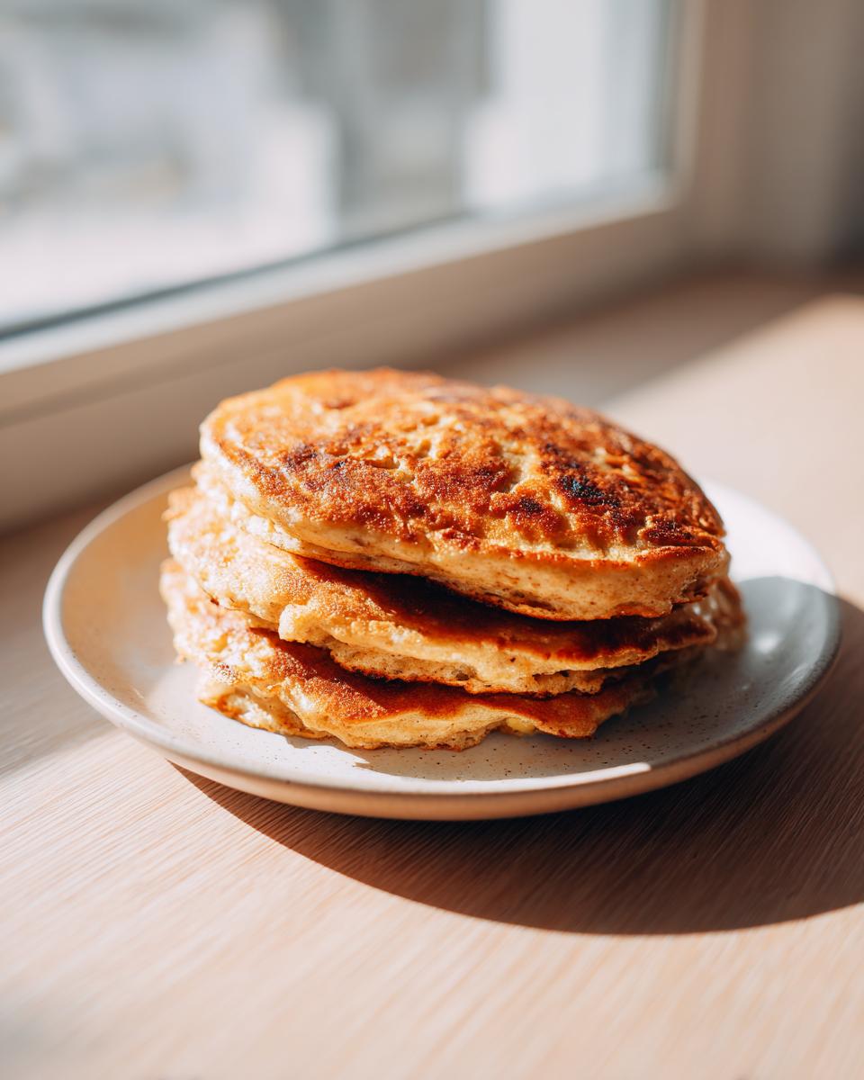 A stack of four golden brown oatmeal pancakes resting on a speckled white plate near a window.