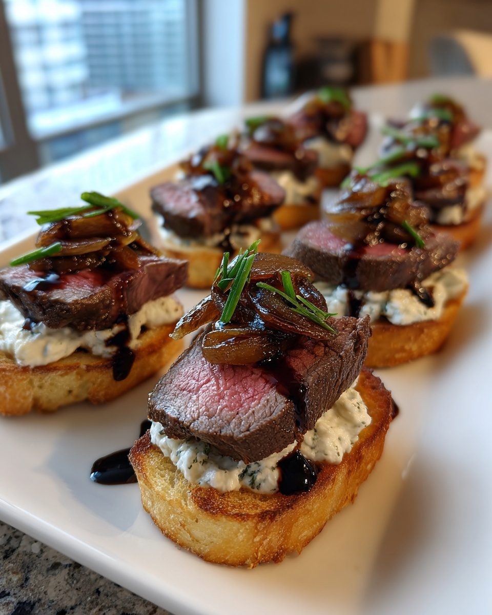 Several perfectly prepared steak crostini bites featuring medium-rare steak, blue cheese spread, and caramelized onions.