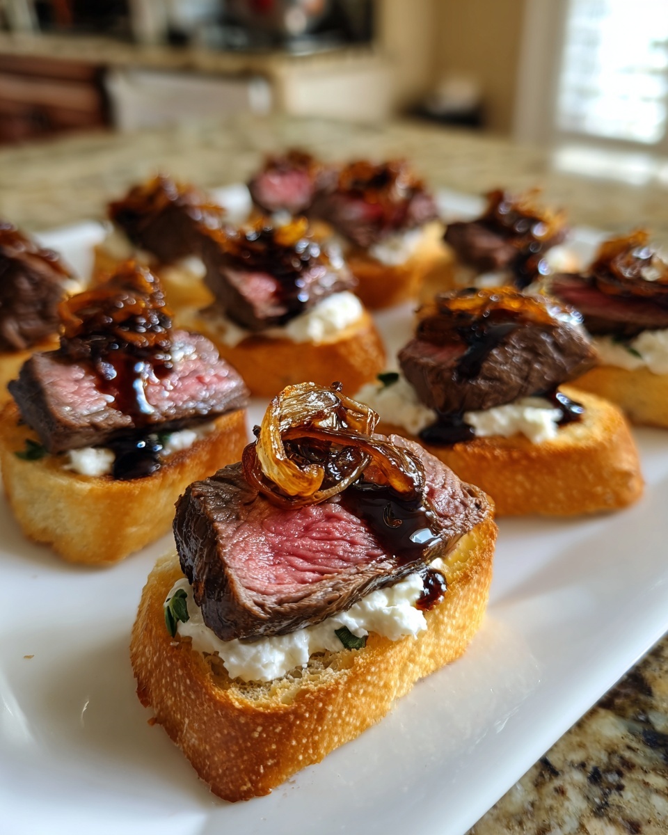 Close-up of several steak crostini bites topped with medium-rare steak, creamy cheese, and caramelized onions.
