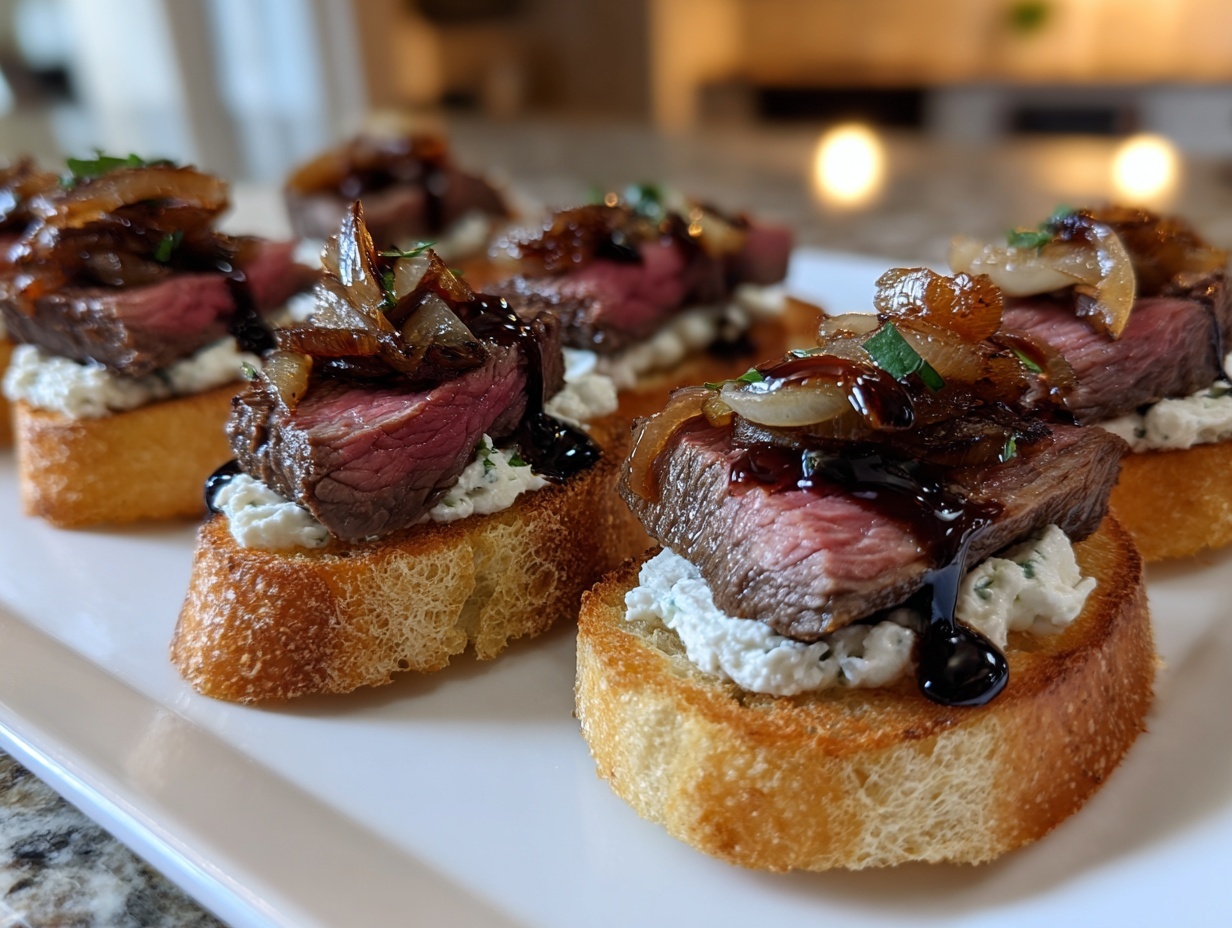 Close-up of several steak crostini appetizers topped with rare steak, creamy cheese, and caramelized onions.