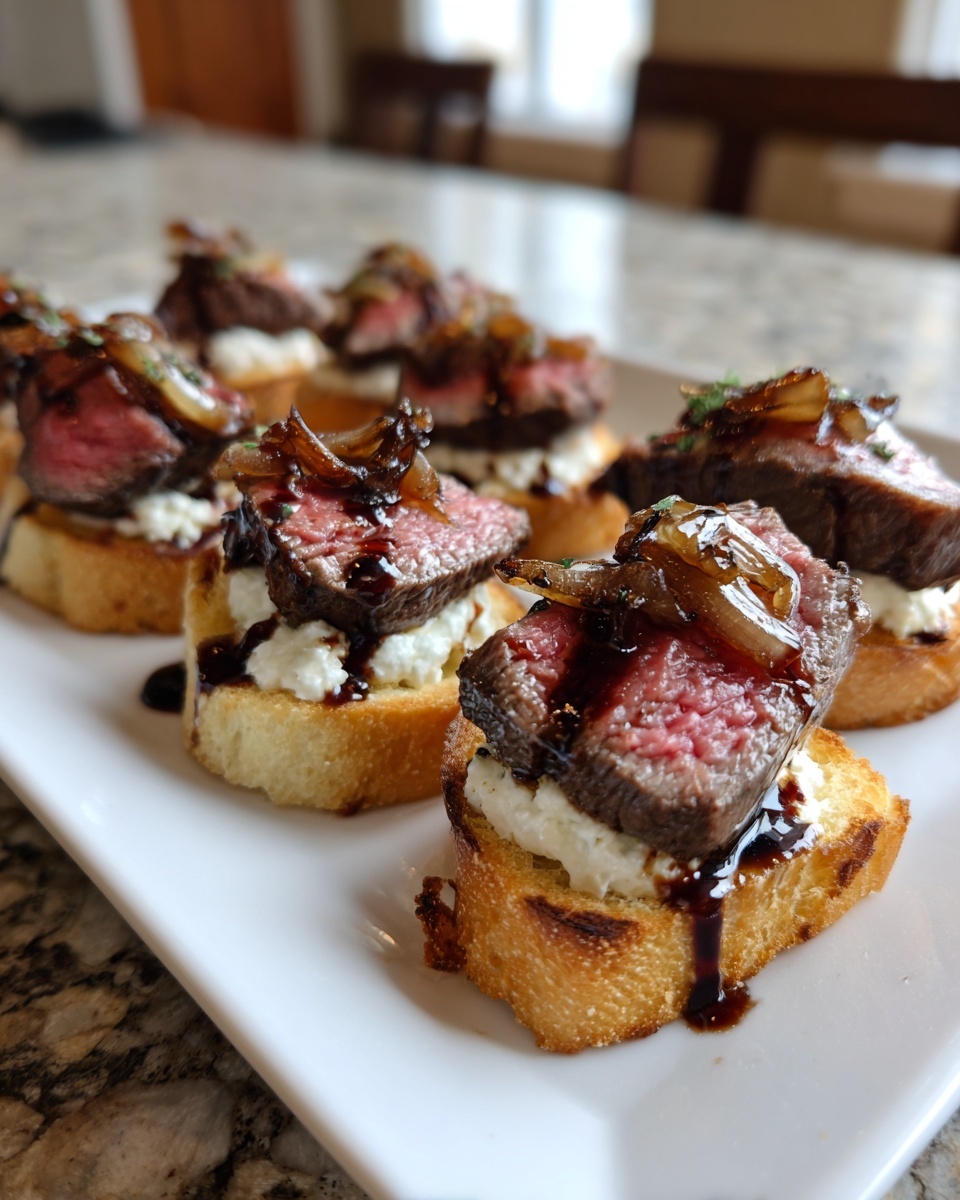 Close-up of several steak crostini bites topped with rare steak, cheese, and caramelized onions.