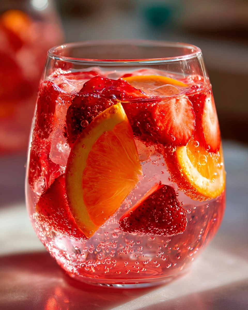 Close-up of a glass filled with bubbly pink champagne punch, strawberries, and orange slices.