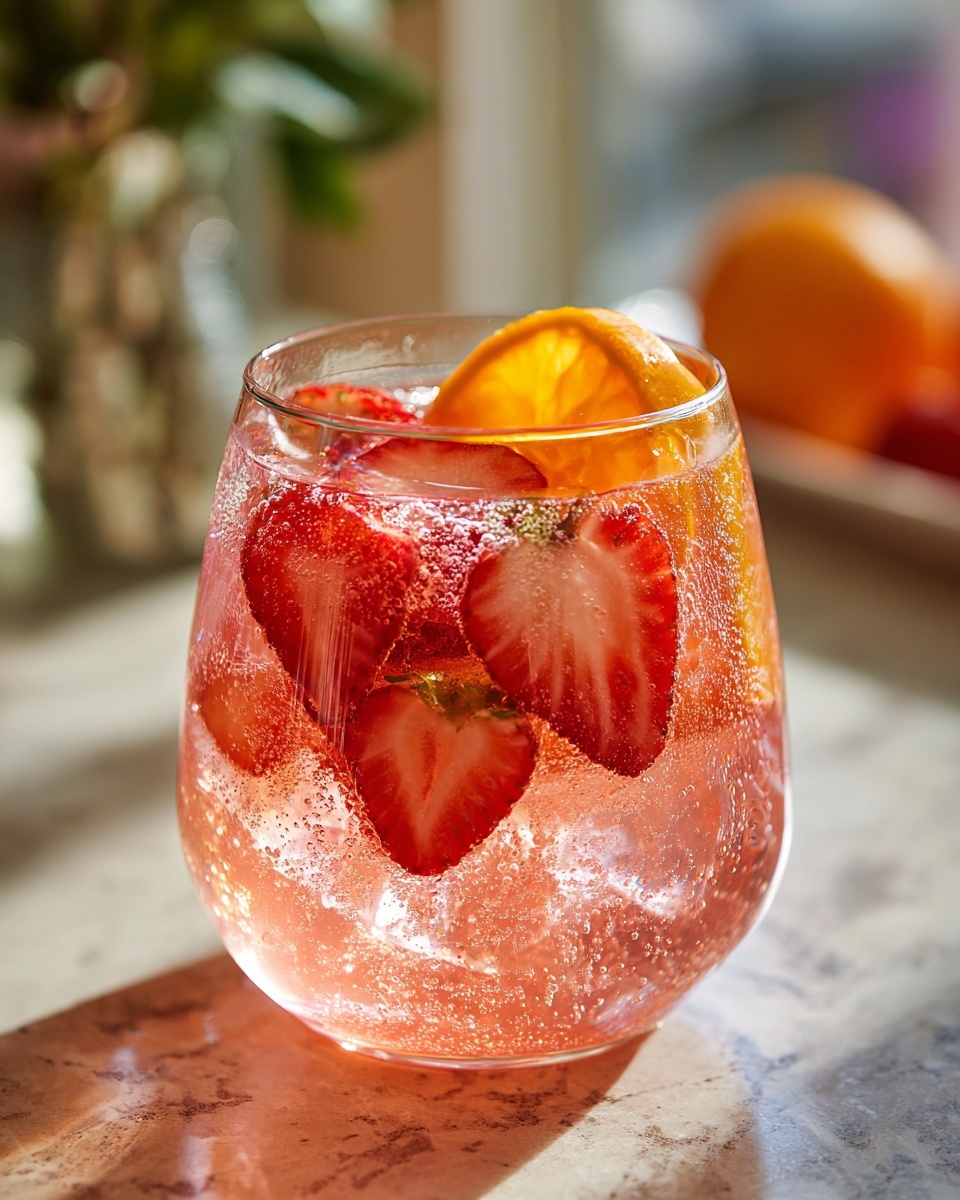 Close-up of a glass filled with bubbly pink champagne punch, strawberries, and an orange slice garnish.