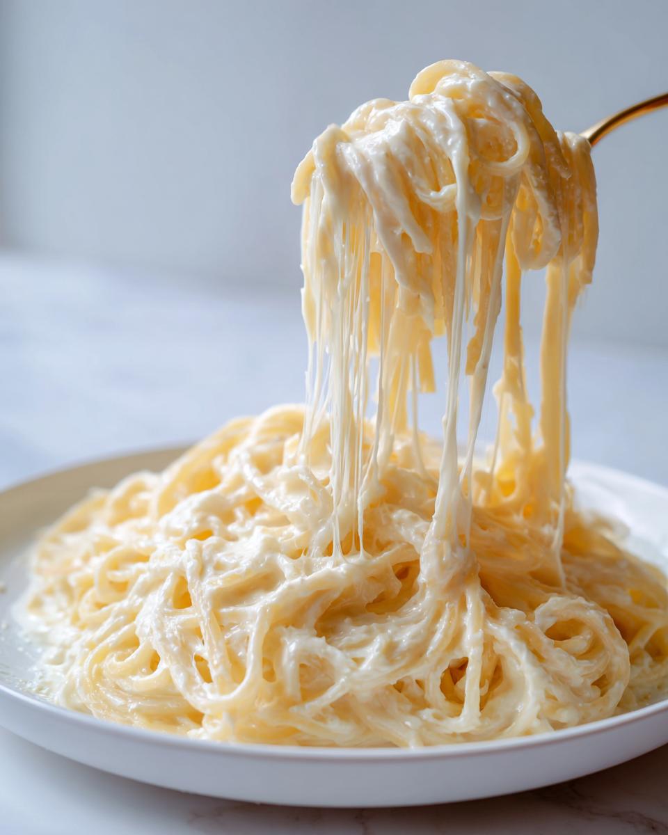 A fork lifts a tangle of spaghetti coated in thick, creamy cottage cheese alfredo sauce, showing a satisfying cheese pull.