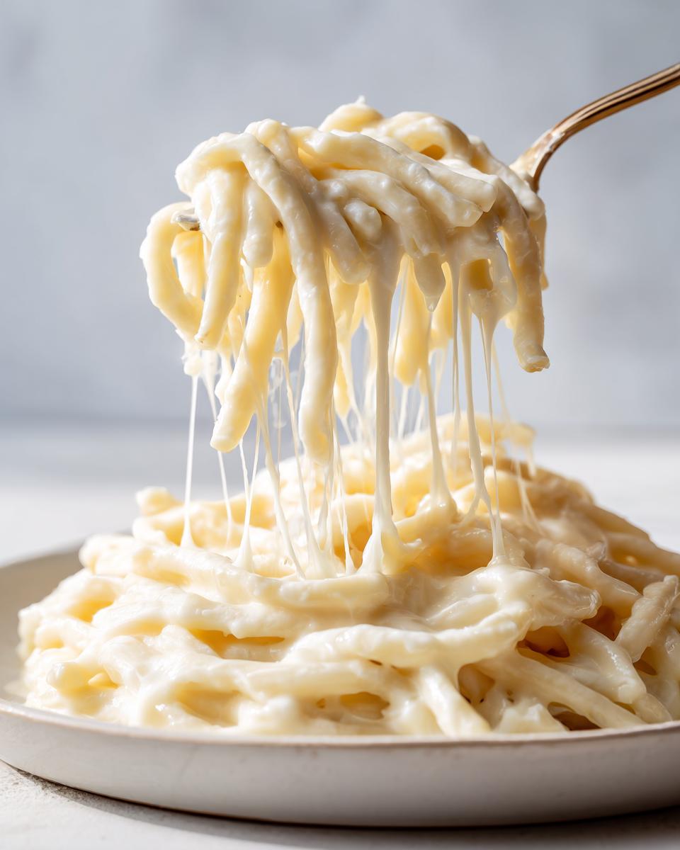 A fork lifts pasta coated in creamy cottage cheese alfredo sauce, showing long, stretchy cheese pulls.