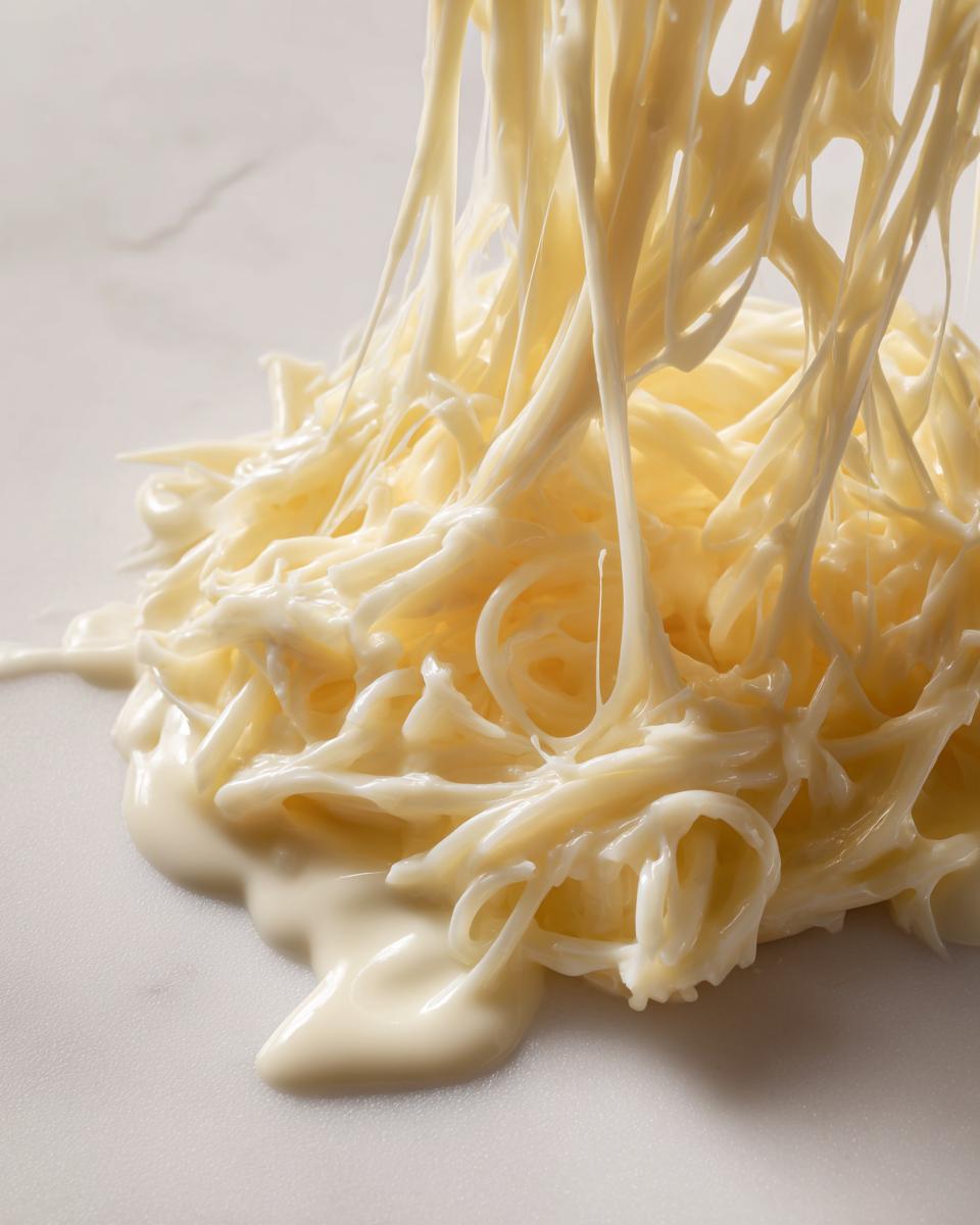 Close-up of creamy, stretchy sauce being pulled away from a pile of noodles, suggesting a rich coating for protein pasta.