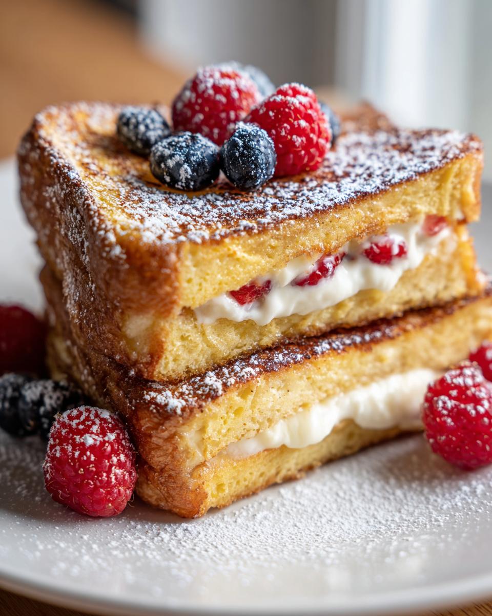 Close-up of stacked stuffed french toast filled with cream cheese and berries, dusted heavily with powdered sugar.