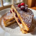 Two halves of stuffed french toast filled with cream cheese and jam, topped with cranberries and powdered sugar.