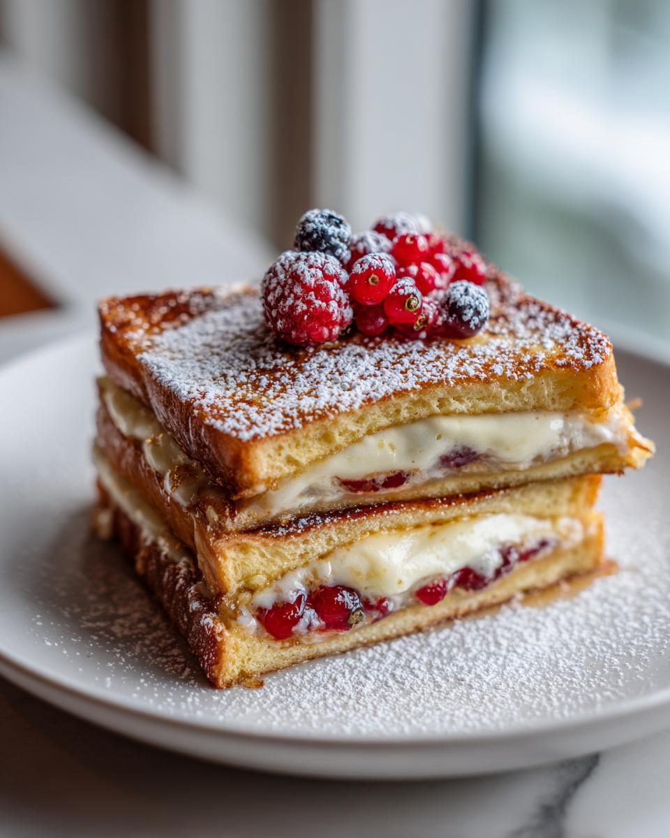 Two layers of golden stuffed french toast filled with cream cheese and red berries, topped with mixed fresh berries and powdered sugar.