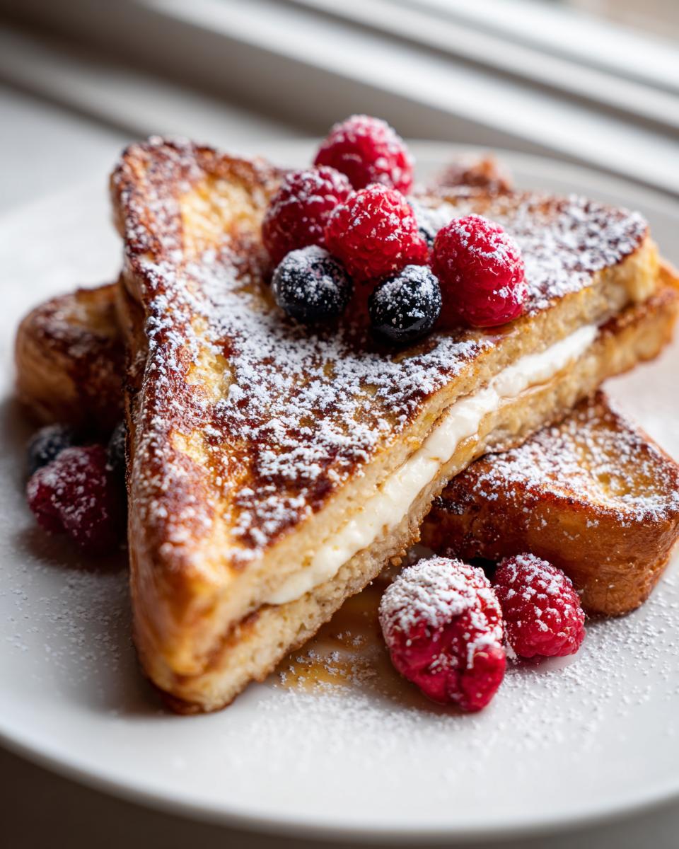 Close-up of cream cheese stuffed french toast dusted with powdered sugar and topped with fresh raspberries and blueberries.