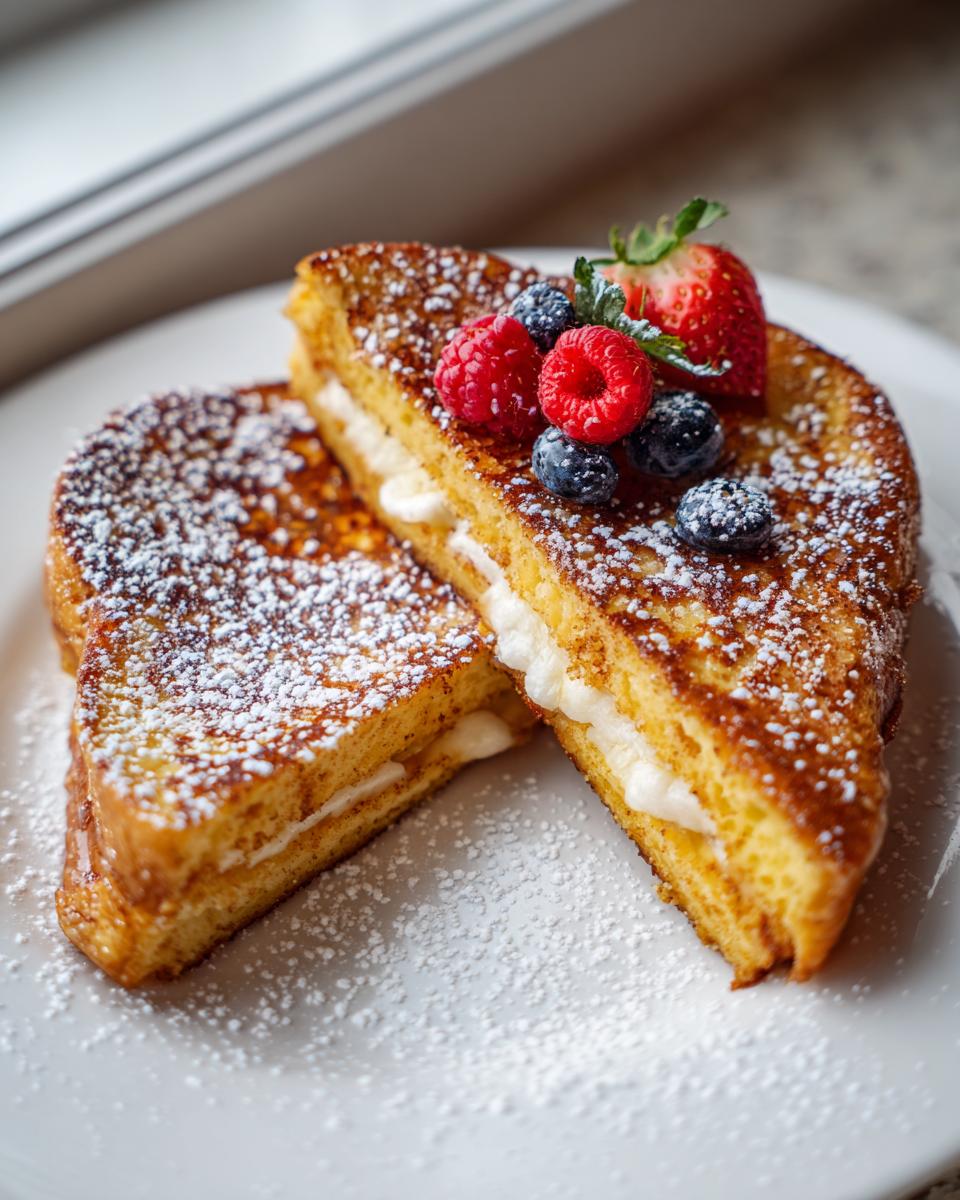 Two halves of cream cheese stuffed french toast dusted with powdered sugar and topped with fresh berries.