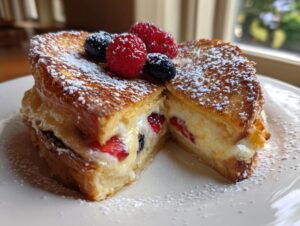 Close-up of decadent stuffed french toast cut in half, revealing cream cheese filling and berries, dusted with powdered sugar.