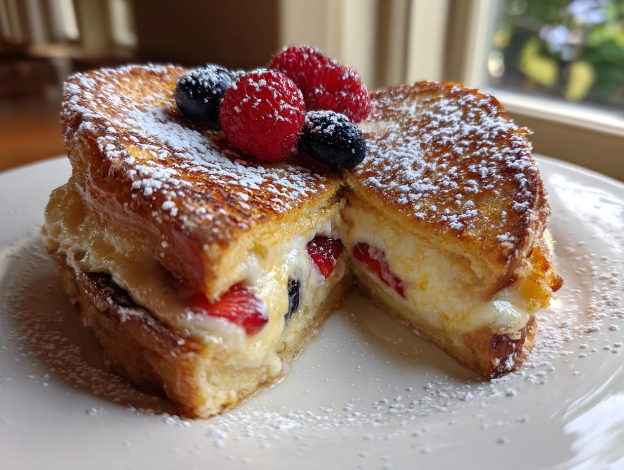 Close-up of decadent stuffed french toast cut in half, revealing cream cheese filling and berries, dusted with powdered sugar.