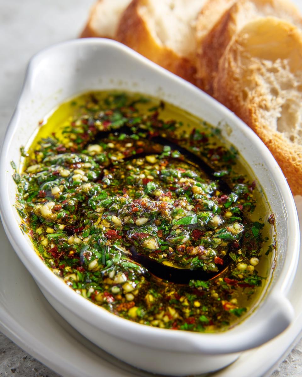 Close-up of a vibrant, herby oil bread dip with garlic and spices, served with sliced baguette.