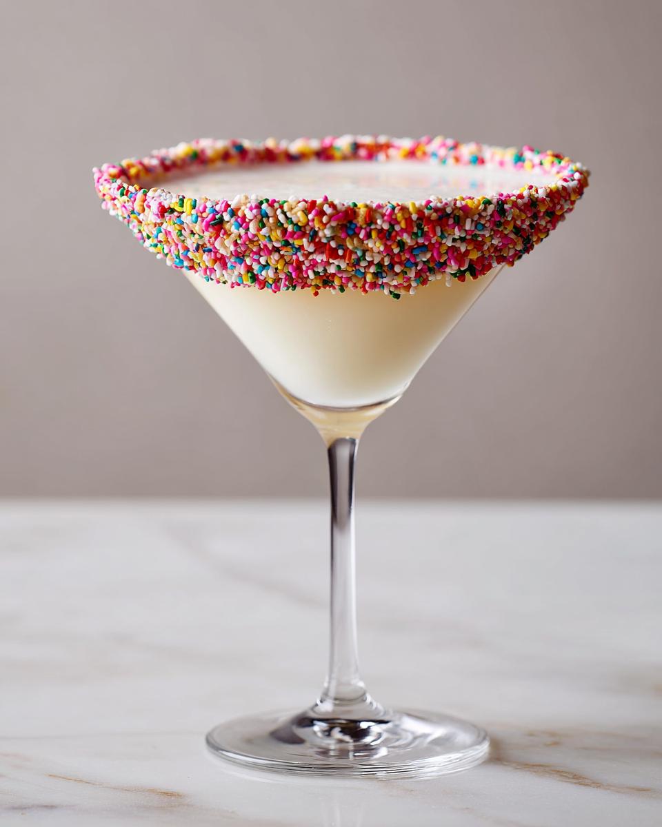 A creamy sugar cookie martini in a stemmed glass with a thick rim of colorful rainbow sprinkles.