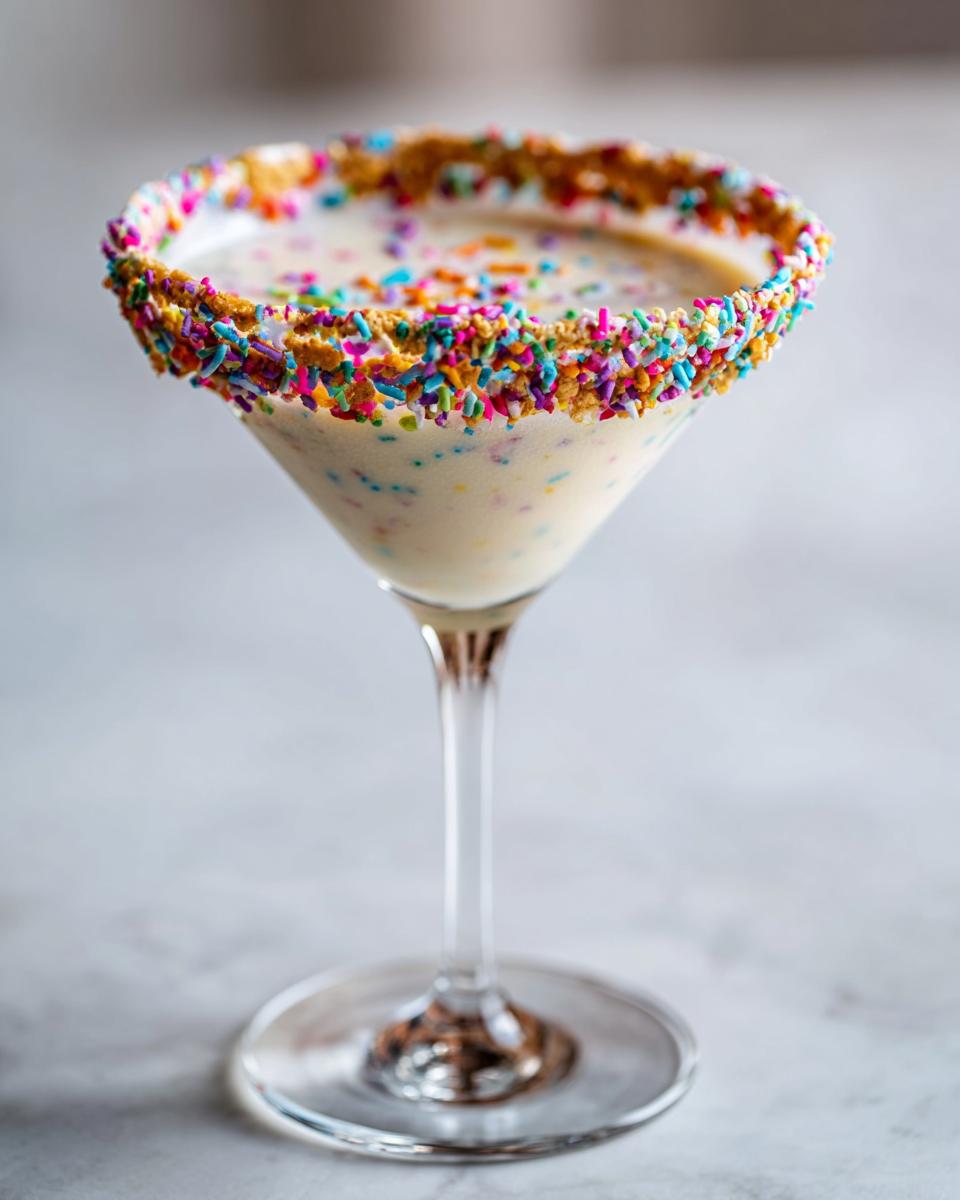 A creamy sugar cookie martini in a glass with a colorful sprinkle and crushed cookie rim.