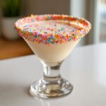 A creamy, pale yellow sugar cookie martini in a glass, rimmed heavily with colorful rainbow sprinkles.