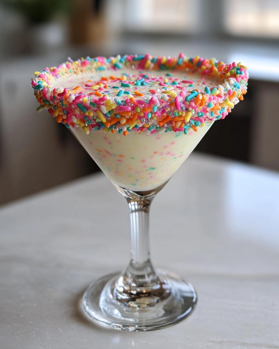 A creamy sugar cookie martini in a glass with a thick rim of colorful rainbow sprinkles.
