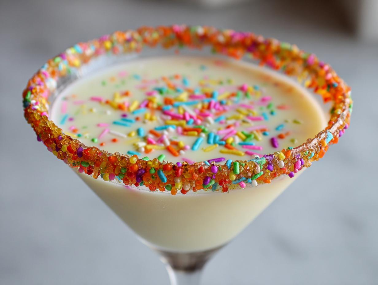 Close-up of a creamy white sugar cookie martini garnished with colorful sprinkles on the rim and floating on top.