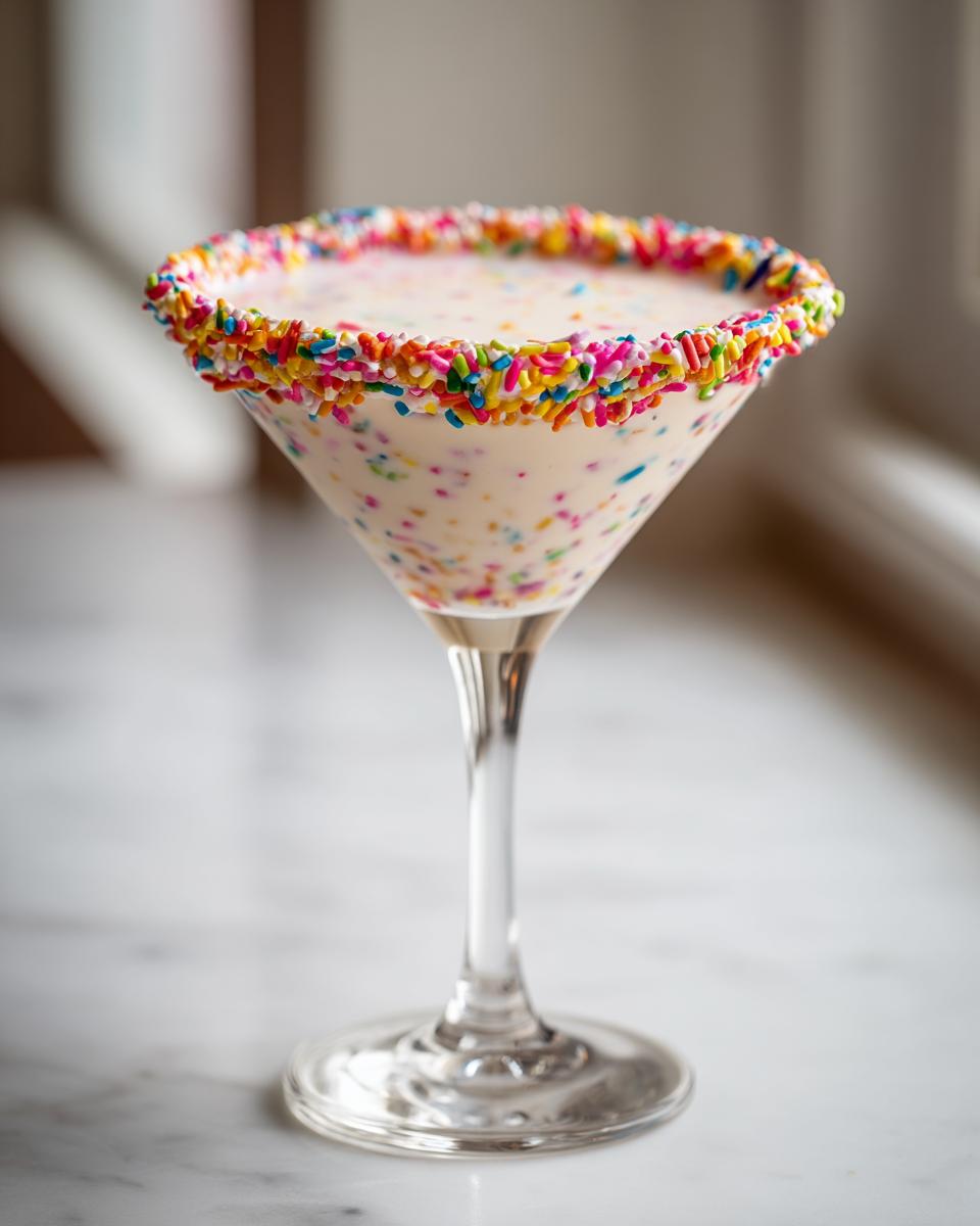 A creamy sugar cookie martini served in a stemmed glass with a thick rim of colorful rainbow sprinkles.