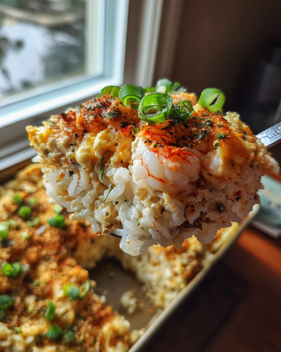 Close-up of a spoonful of creamy, cheesy sushi bake topped with shrimp and green onions.