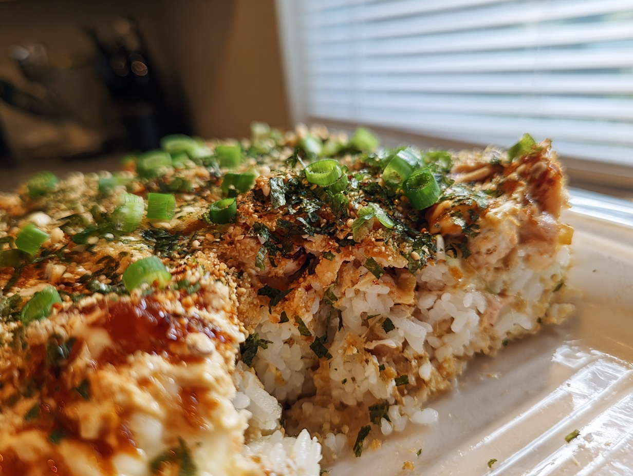 A close-up, cross-section view of a baked sushi bake slice showing the rice base and creamy topping, garnished with green onions.