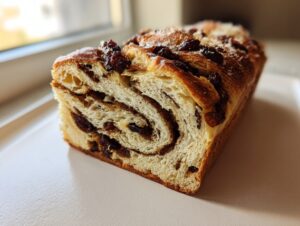 Cross-section of a freshly baked loaf of raisin bread showing rich swirls and plump raisins.