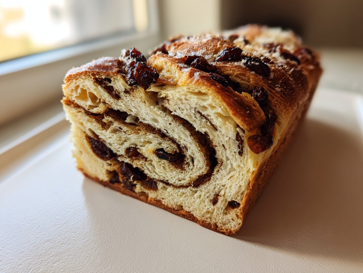 Cross-section of a freshly baked loaf of raisin bread showing rich swirls and plump raisins.