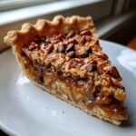 A close-up slice of rich texas trash pie showing gooey caramel, nuts, and chocolate chips.