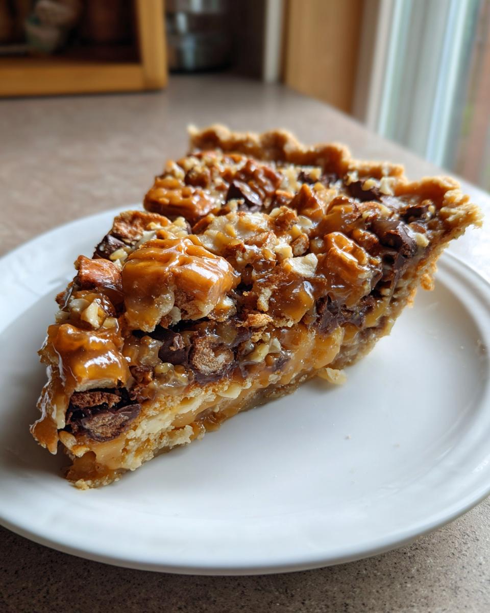 A thick slice of Texas Trash Pie featuring a gooey caramel topping, chocolate chunks, and chopped nuts on a white plate.