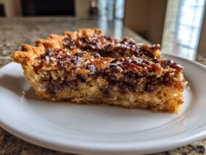 Close-up of a thick slice of Texas Trash Pie showing the flaky crust and gooey, nutty filling with chocolate chips.