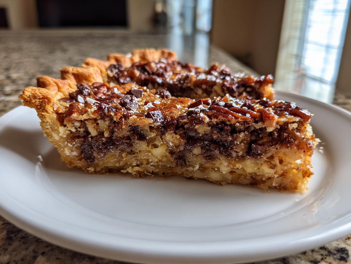 Close-up of a thick slice of Texas Trash Pie showing the flaky crust and gooey, nutty filling with chocolate chips.