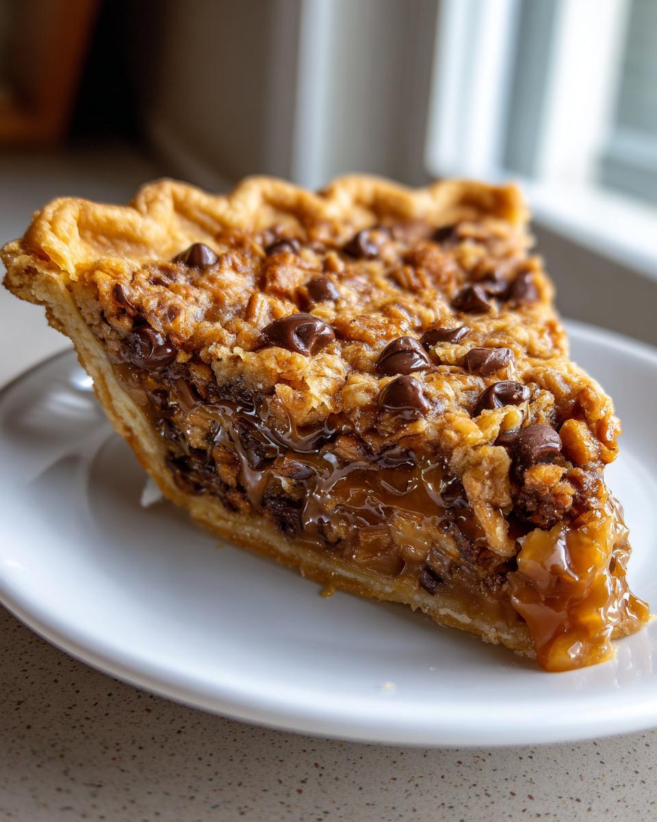 A close-up of a rich slice of texas trash pie showing gooey caramel, chocolate chips, and a crumbly topping.