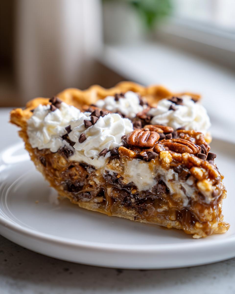 A close-up of a decadent slice of texas trash pie, topped with whipped cream, pecans, and chocolate chips.