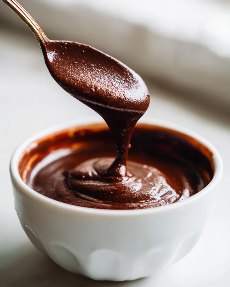 Close-up of thick, glossy homemade chocolate sauce dripping from a spoon back into a white bowl.