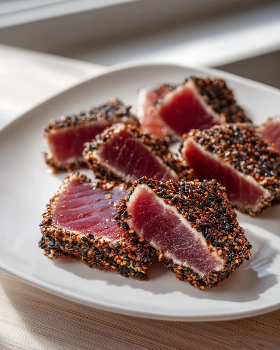 Slices of sesame-crusted tuna tataki showing a deep red, rare center on a white plate.