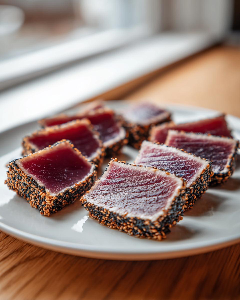 Close-up of perfectly seared tuna tataki slices crusted with black and white sesame seeds, served on a white plate.