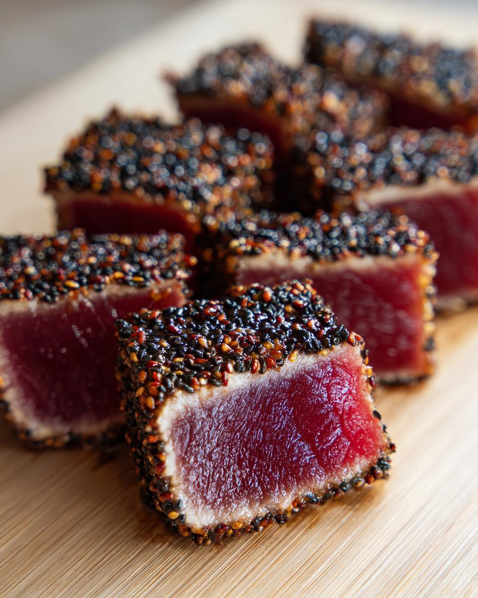 Close-up of thick-cut tuna tataki slices, perfectly seared with a black and white sesame seed crust.