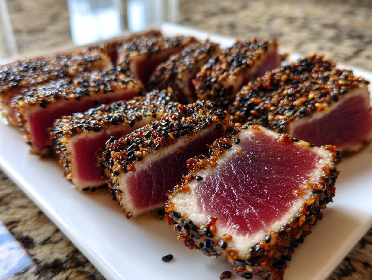 Close-up of sliced tuna tataki, featuring a deep red raw center and a thick, dark sesame seed crust.
