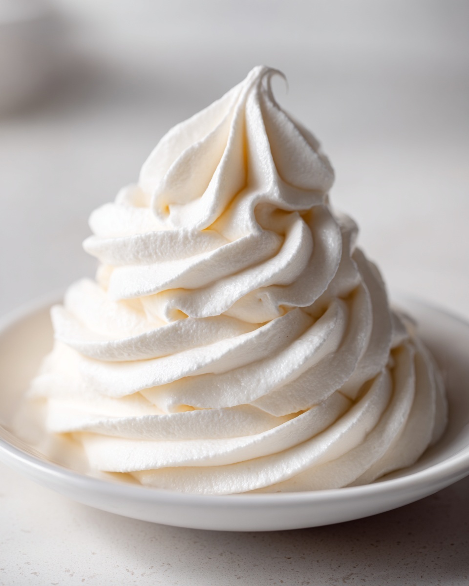 Close-up of a perfectly piped swirl of smooth, white vanilla buttercream frosting in a small dish.