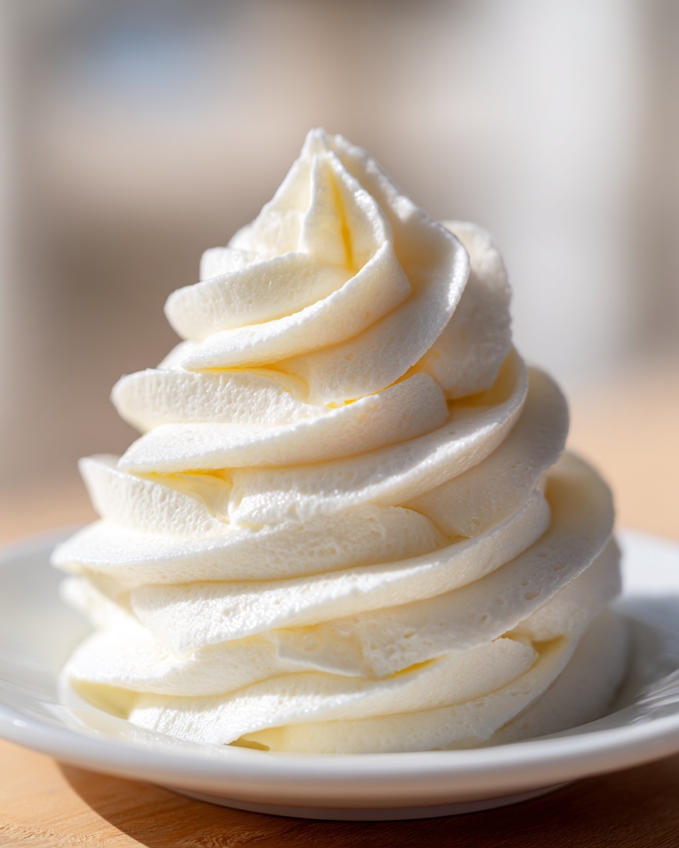 A tall, perfectly piped swirl of creamy vanilla buttercream frosting sitting on a small white dish.