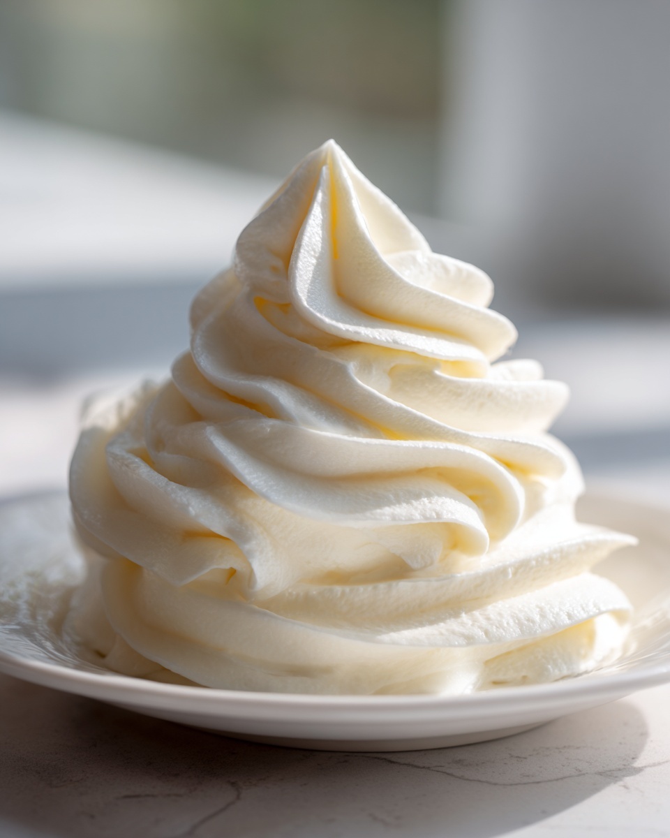 A tall, perfectly piped swirl of creamy vanilla buttercream frosting sitting on a small white plate.