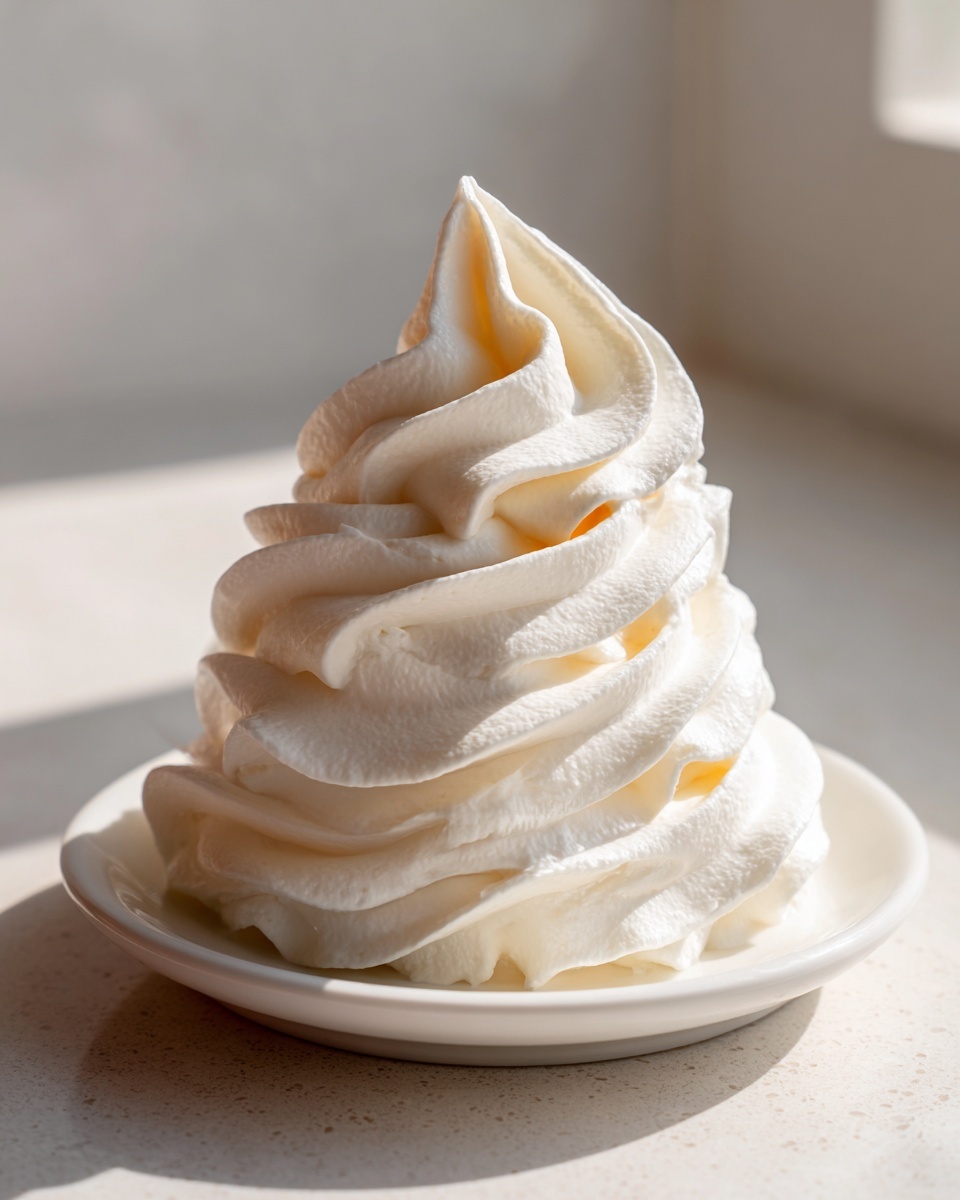 A tall, perfectly piped swirl of creamy white vanilla buttercream frosting on a small white saucer.