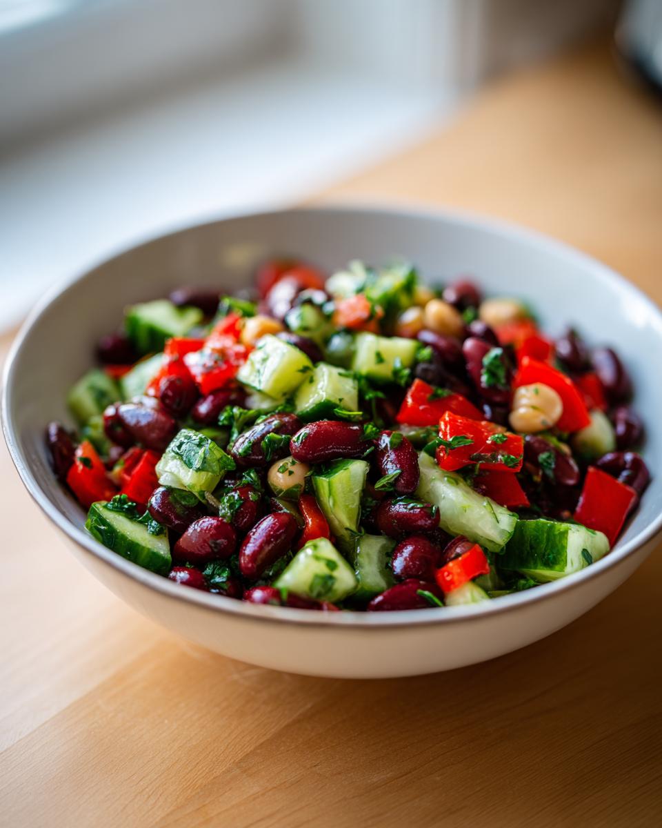 A close-up view of a vibrant dense bean salad featuring kidney beans, chopped cucumber, red pepper, and chickpeas.