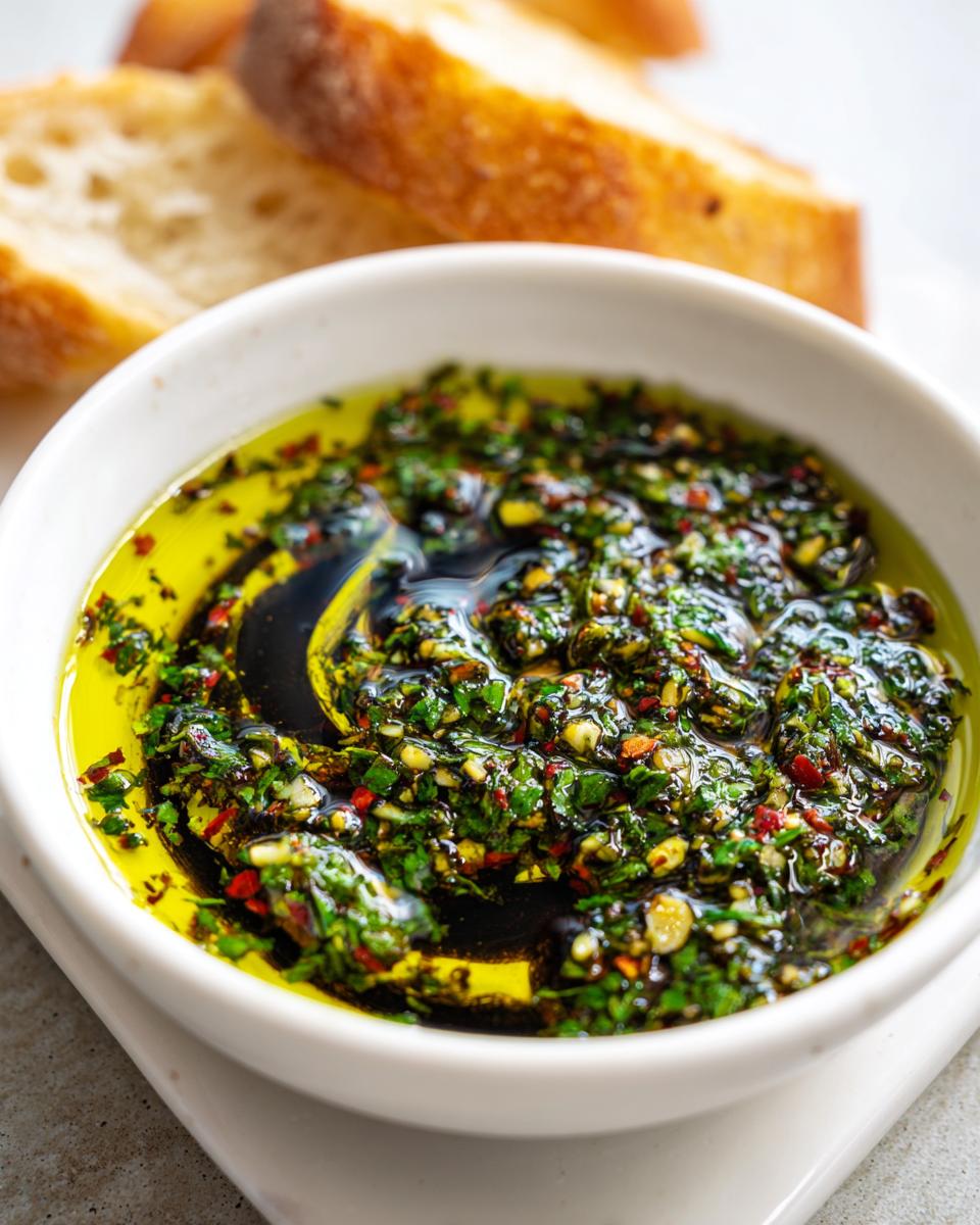 Close-up of a vibrant green herb and oil bread dip with balsamic vinegar, served with toasted bread slices.
