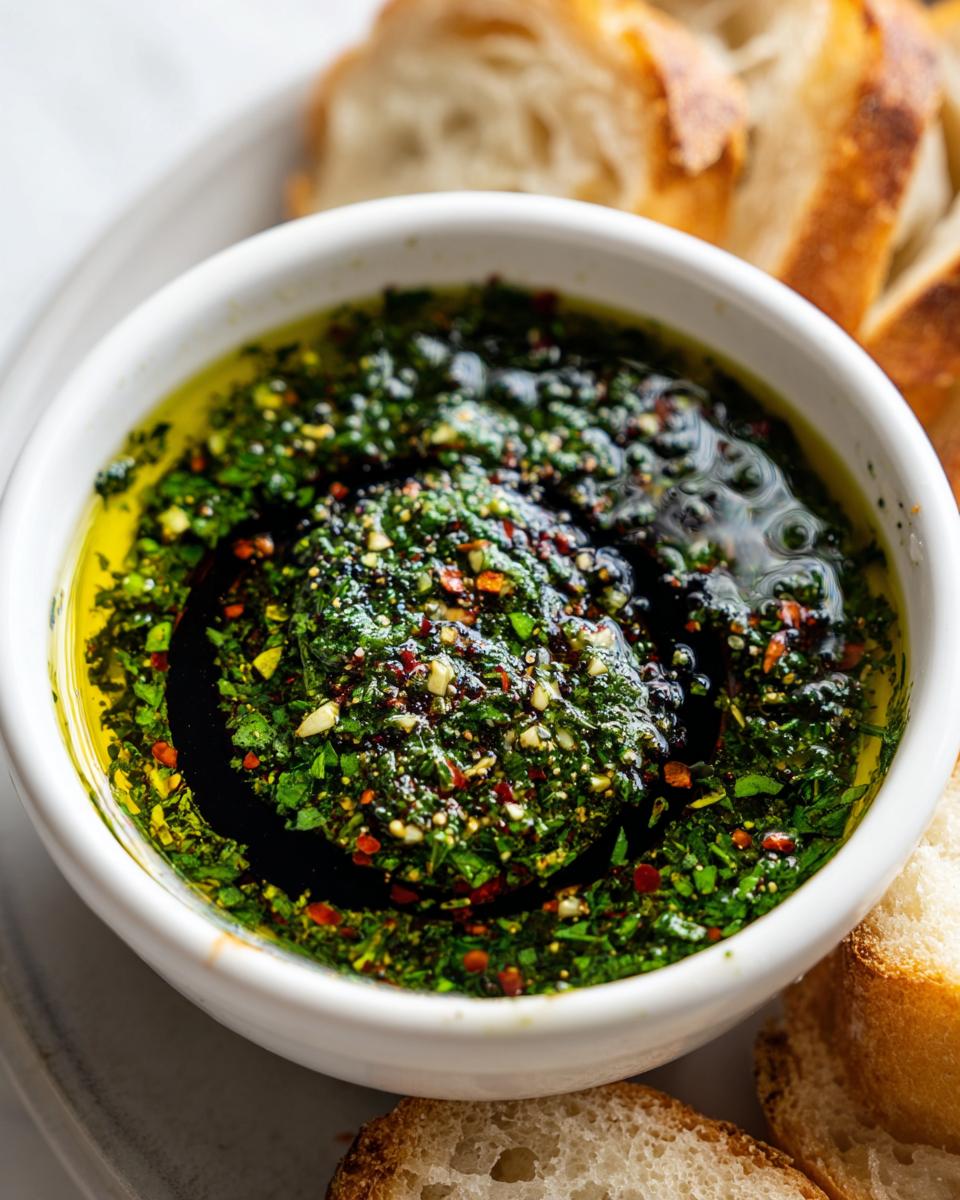 Close-up of a vibrant green herb and spice mixture in olive oil, perfect as a bread dip, served with sliced bread.