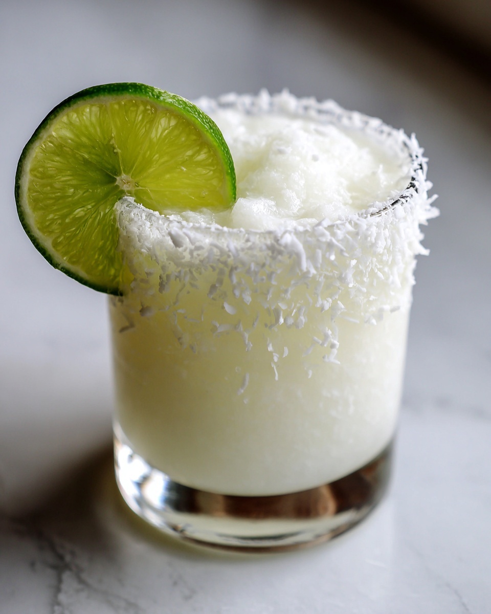 Close-up of a frosty white christmas margarita garnished with a lime wheel and shredded coconut rim.