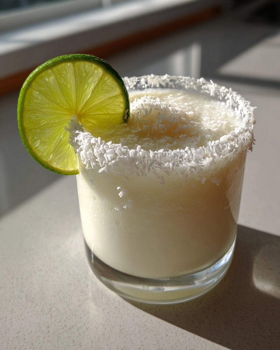 A creamy white Christmas margarita in a glass with a shredded coconut rim and a lime slice garnish.