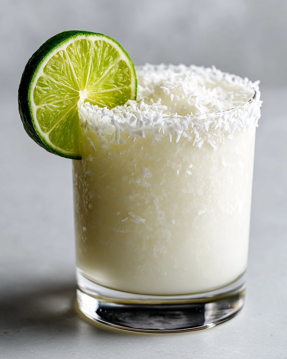 Close-up of a creamy white Christmas margarita in a glass with a shredded coconut rim and lime slice garnish.